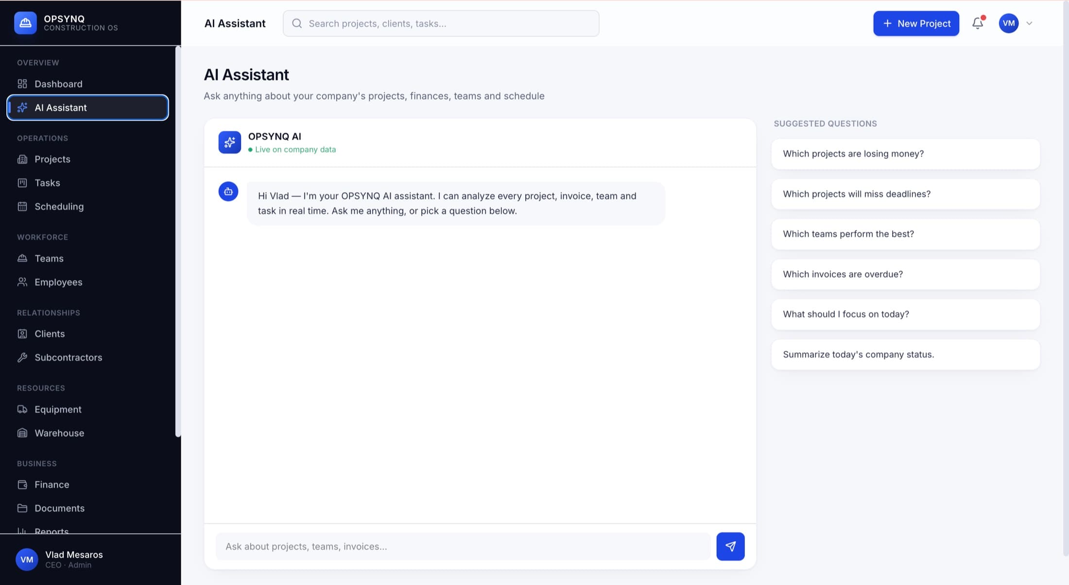 OPSYNQ Construction OS AI Assistant interface with project and finance questions