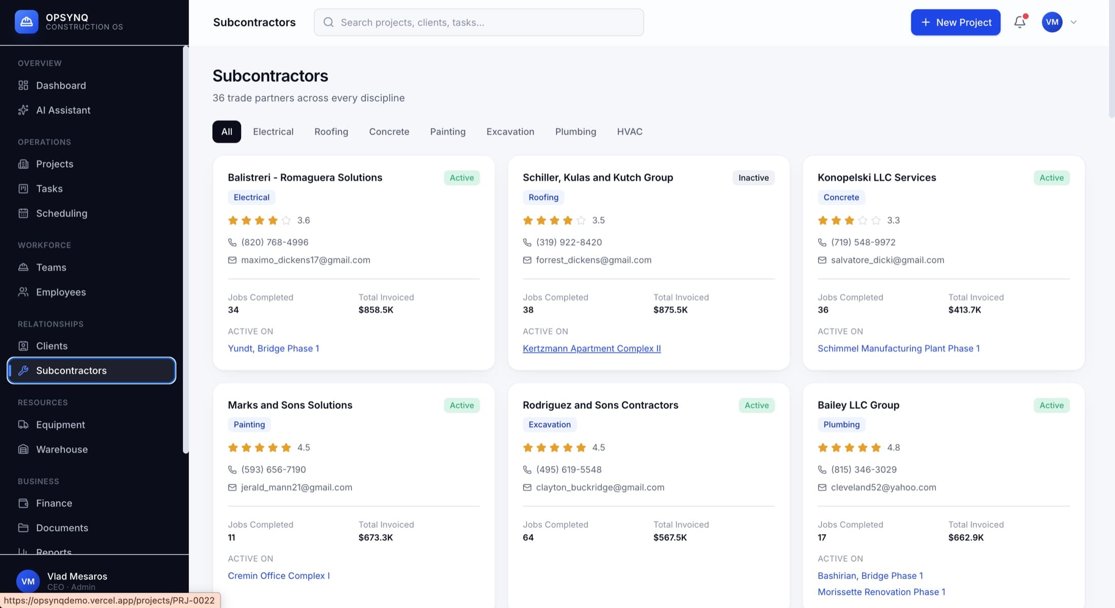 OPSYNQ Construction OS subcontractor management interface
